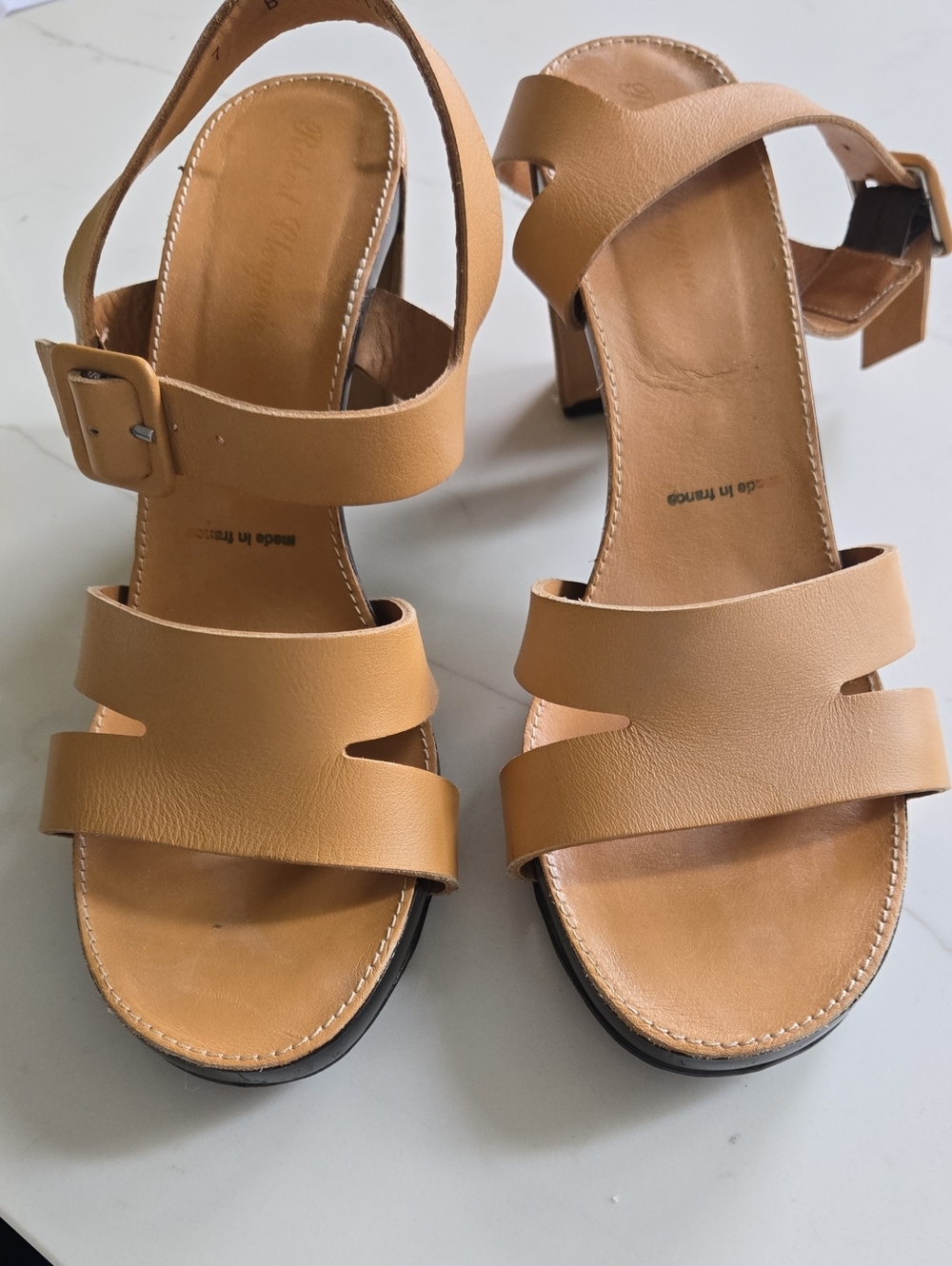 Robert Clergerie Tan Leather Strappy Block Heel Sandals